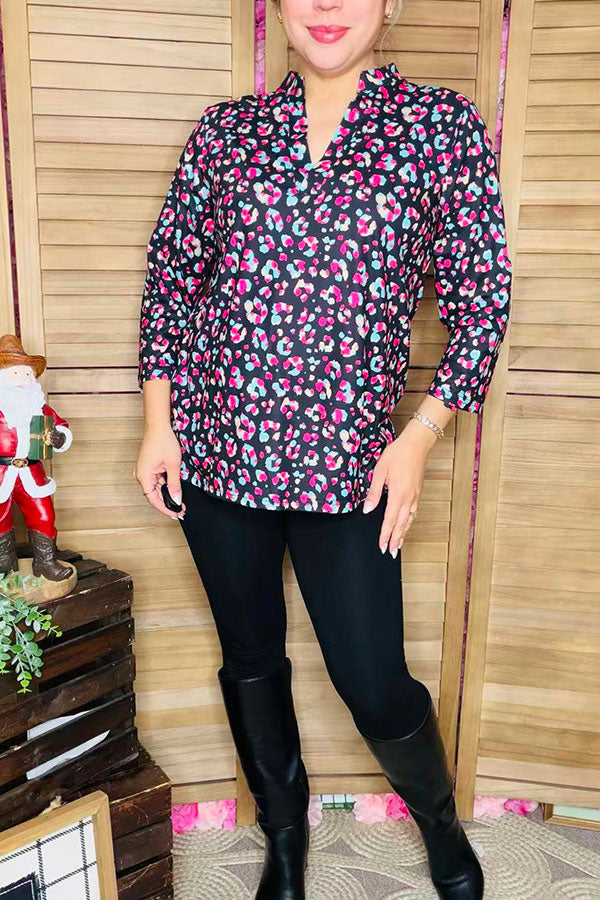 BQ15686 Colorful leopard printed V-neckline 3/4 sleeve women tops