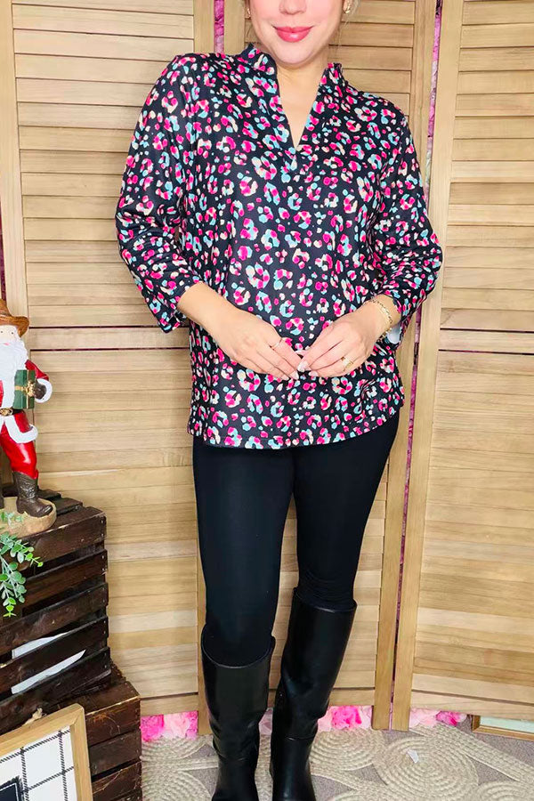 BQ15686 Colorful leopard printed V-neckline 3/4 sleeve women tops