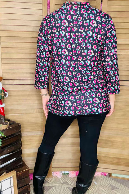 BQ15686 Colorful leopard printed V-neckline 3/4 sleeve women tops