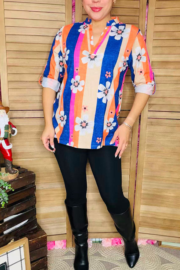 Stripe& flower printed 3/4 sleeve women top w/V-neckline BQ15682