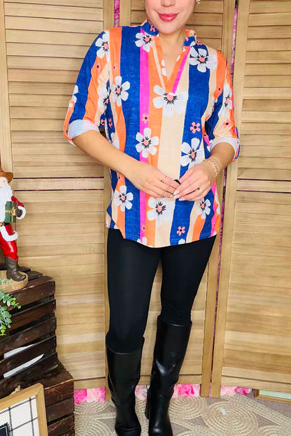 Stripe& flower printed 3/4 sleeve women top w/V-neckline BQ15682