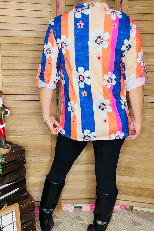 Stripe& flower printed 3/4 sleeve women top w/V-neckline BQ15682