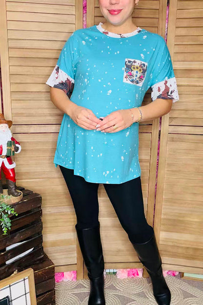 XCH13014 Blue splash bull skull cow printed short sleeve women top