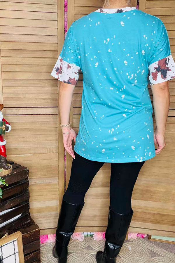 XCH13014 Blue splash bull skull cow printed short sleeve women top