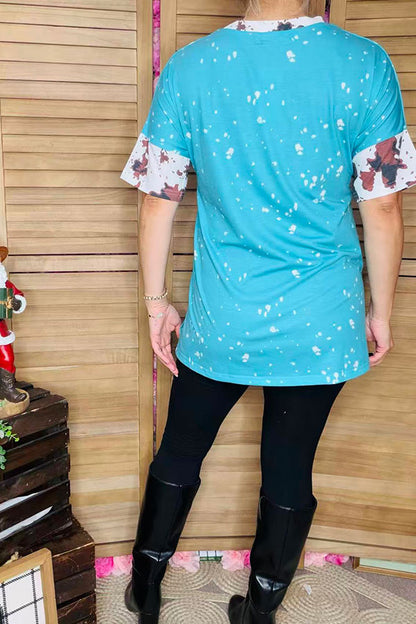 XCH13014 Blue splash bull skull cow printed short sleeve women top