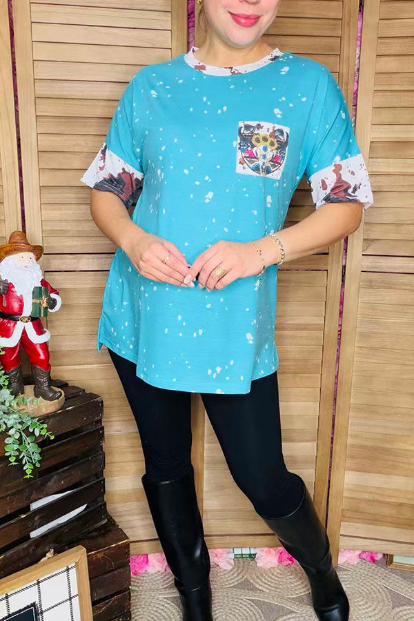 XCH13014 Blue splash bull skull cow printed short sleeve women top