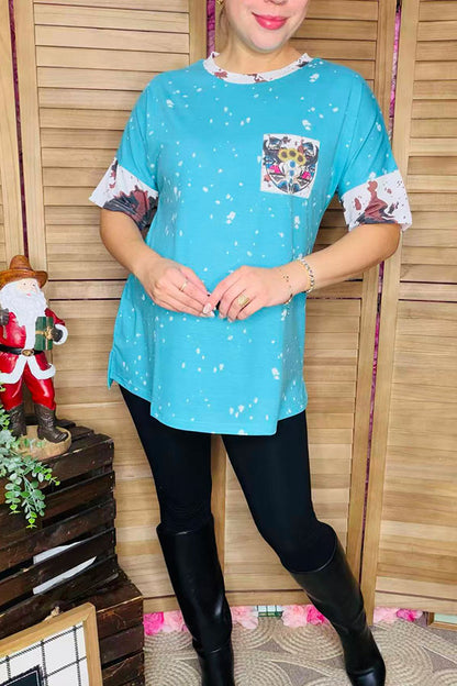 XCH13014 Blue splash bull skull cow printed short sleeve women top