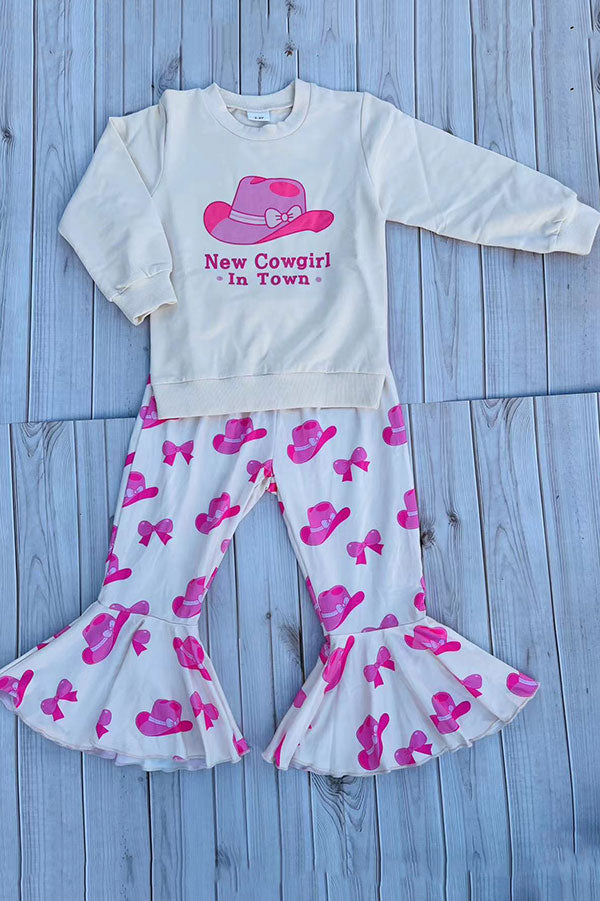 Western "New Cowgirl In Town" & hat prints long sleeve top & pant 2pc girls set 251148M