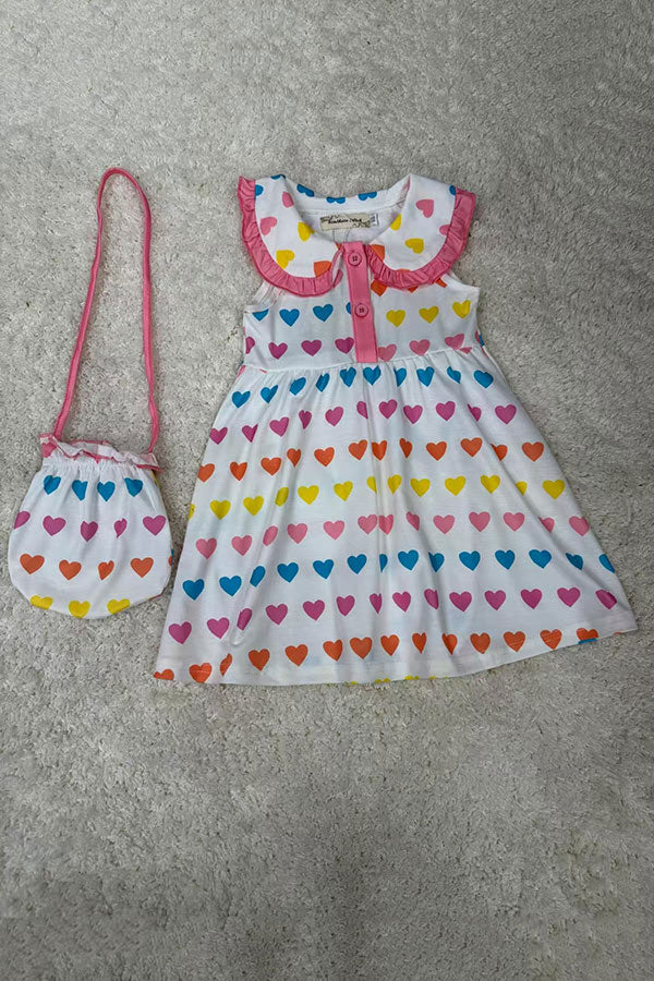 X07003 Hearts printed baby doll girls dress w/purse bag
