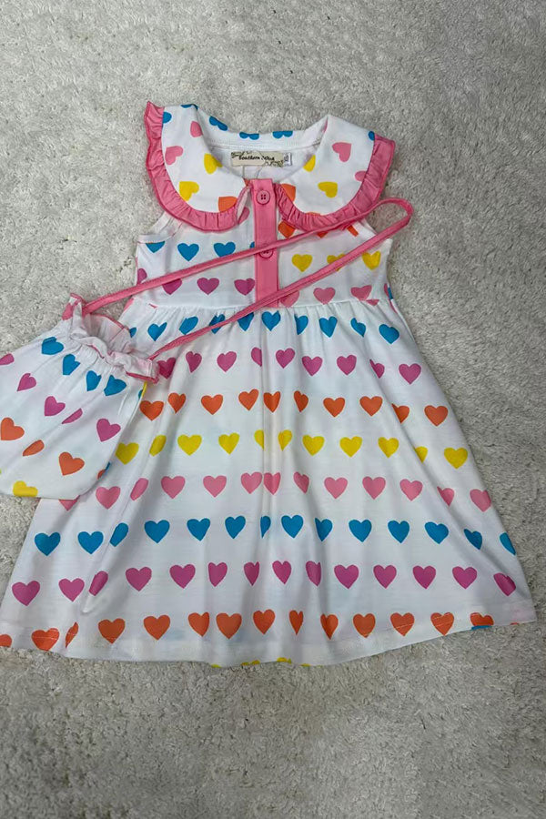 X07003 Hearts printed baby doll girls dress w/purse bag