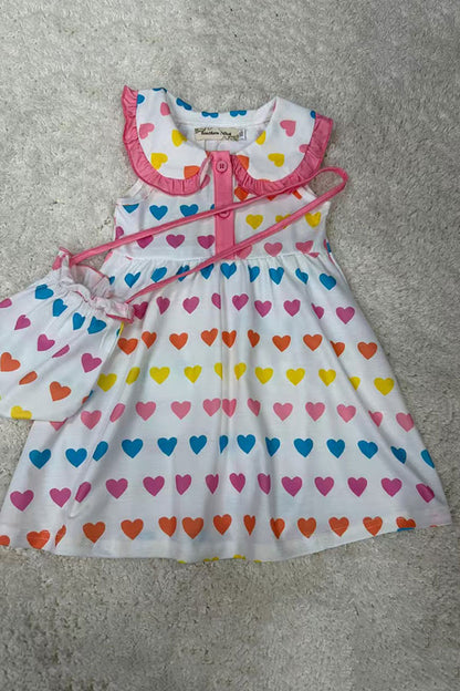 X07003 Hearts printed baby doll girls dress w/purse bag