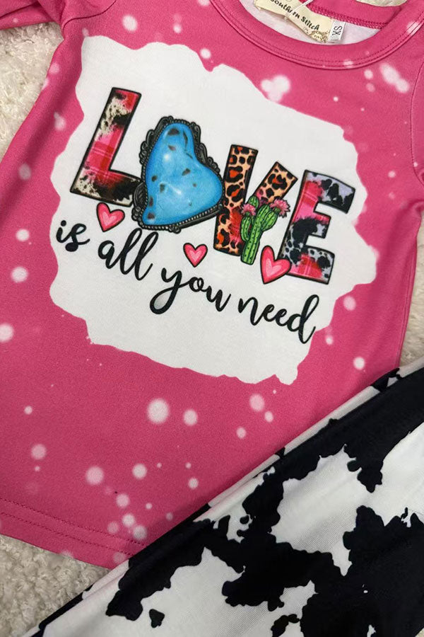 ”Love is all you need“ print top cow bell-bottom 2pc girls sets X0018-13