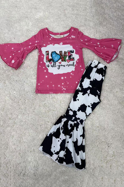 ”Love is all you need“ print top cow bell-bottom 2pc girls sets X0018-13