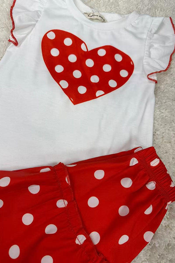 Hearts printed white short sleeve top & polka dots skirt girls set X04016