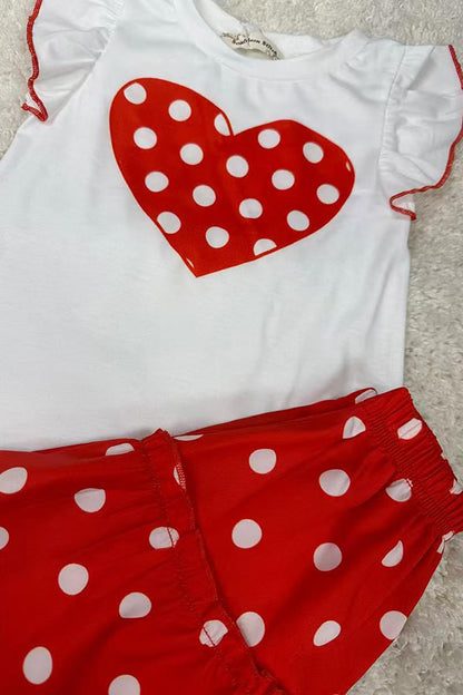 Hearts printed white short sleeve top & polka dots skirt girls set X04016