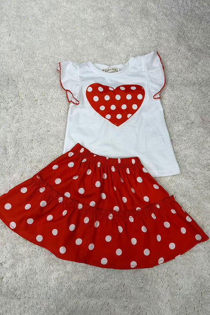 Hearts printed white short sleeve top & polka dots skirt girls set X04016
