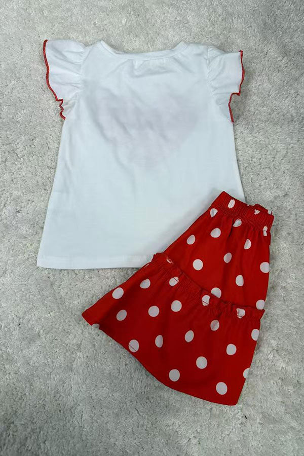 Hearts printed white short sleeve top & polka dots skirt girls set X04016
