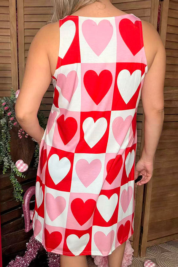 Valentine's hearts printed sleeveless women dress w/side pockets BQ14560