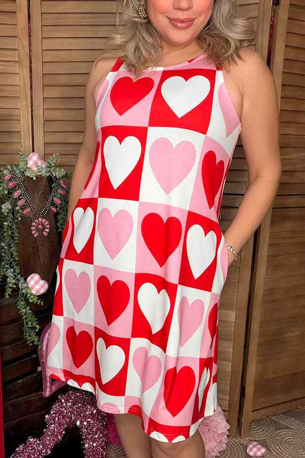 Valentine's hearts printed sleeveless women dress w/side pockets BQ14560