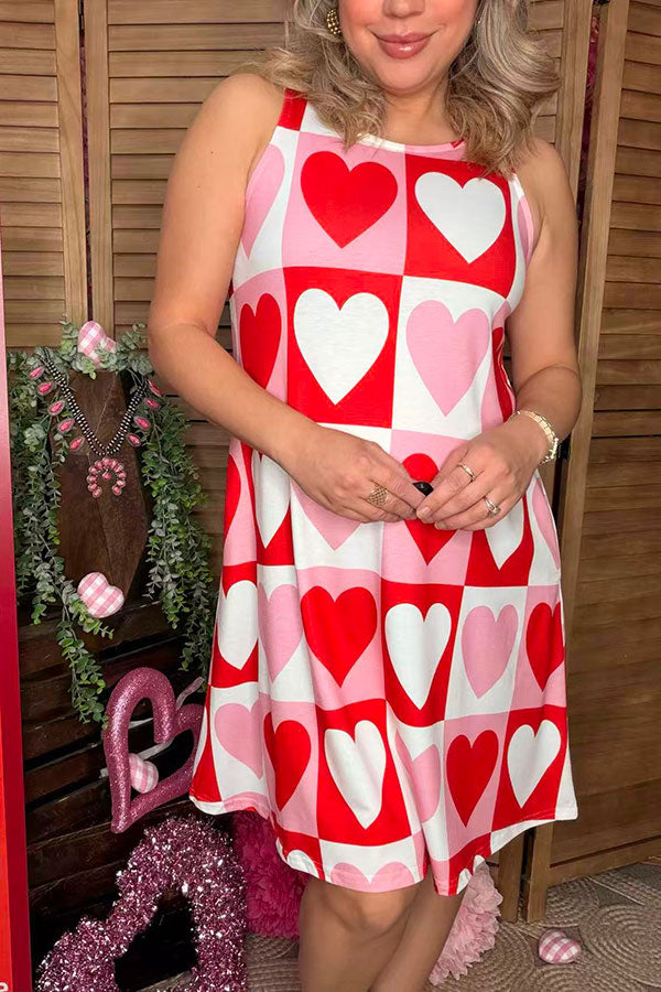 Valentine's hearts printed sleeveless women dress w/side pockets BQ14560