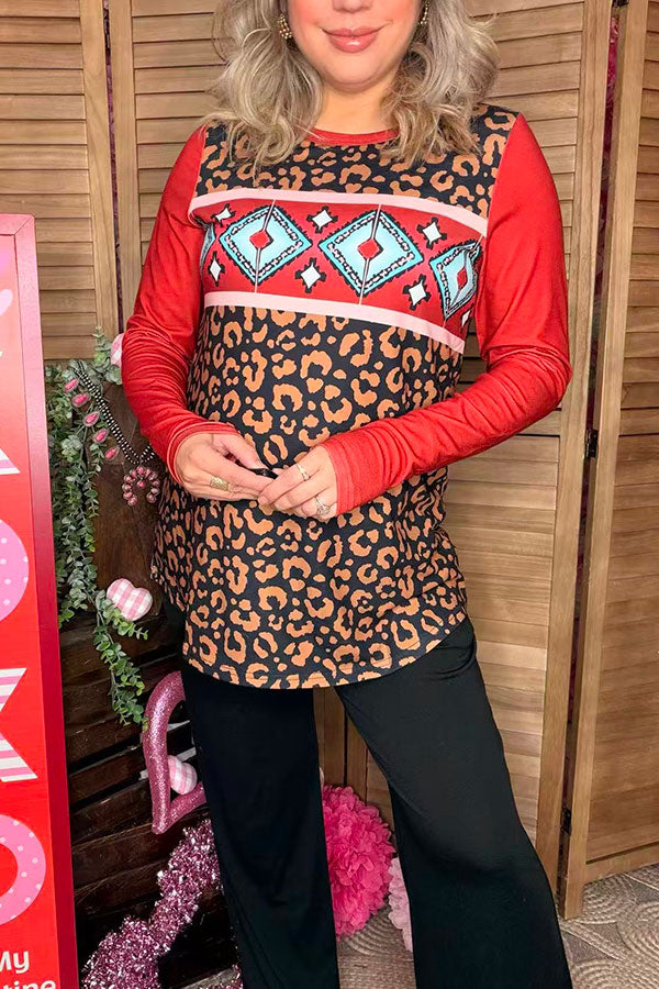 Western Aztec leopard printed rust color long sleeve top XCH14285
