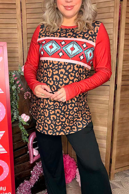 Western Aztec leopard printed rust color long sleeve top XCH14285