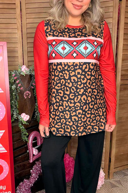 Western Aztec leopard printed rust color long sleeve top XCH14285