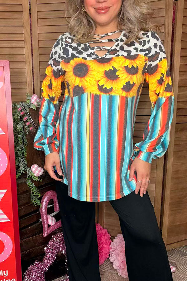 Western serape cow & sunflower printed long sleeve women top XCH13790