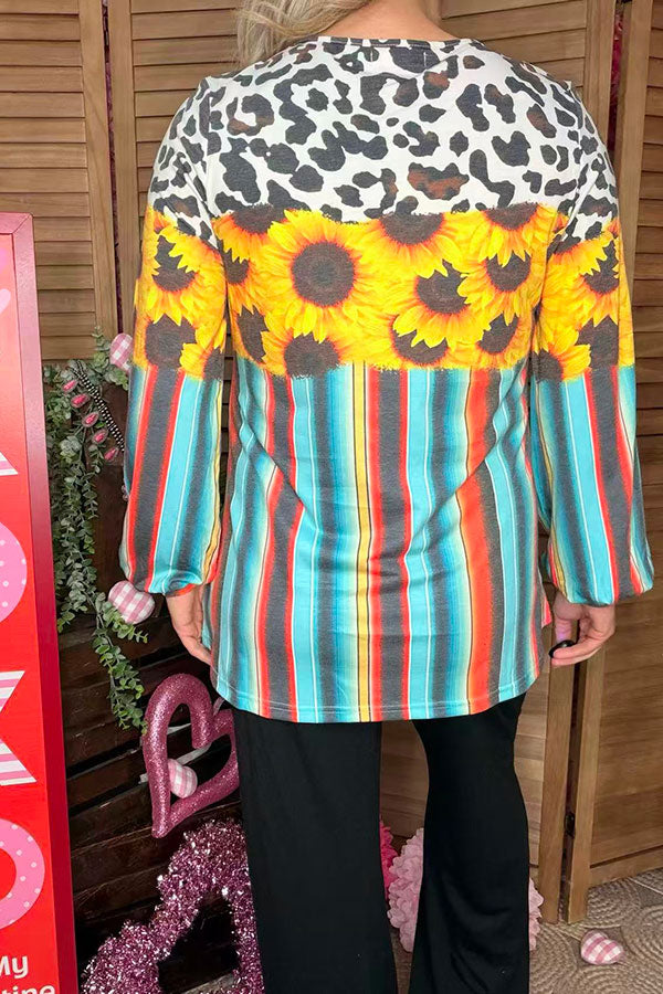 Western serape cow & sunflower printed long sleeve women top XCH13790