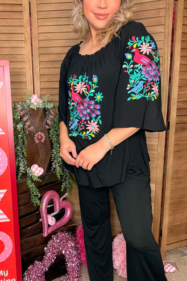 Flower & bird embroidery black rayon bell short sleeve women top XCH16731