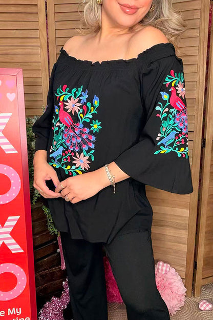 Flower & bird embroidery black rayon bell short sleeve women top XCH16731