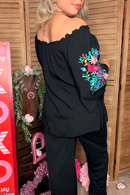 Flower & bird embroidery black rayon bell short sleeve women top XCH16731