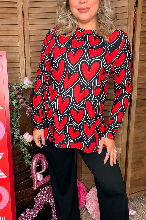Valentine's red hearts printed long sleeve women top XCH16364