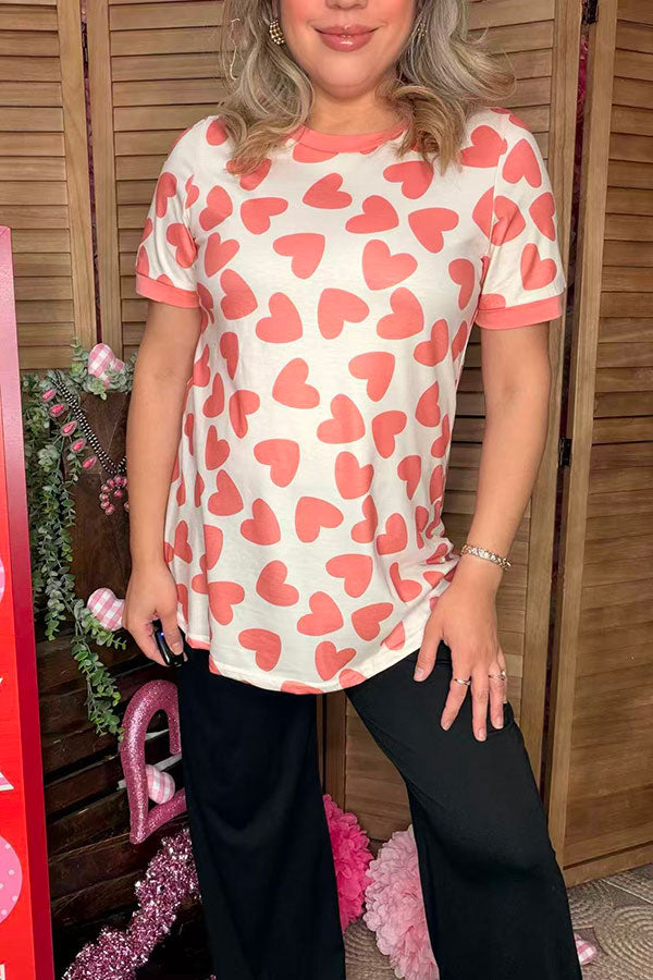 Valentine pink hearts printed short sleeve women top BQ12656