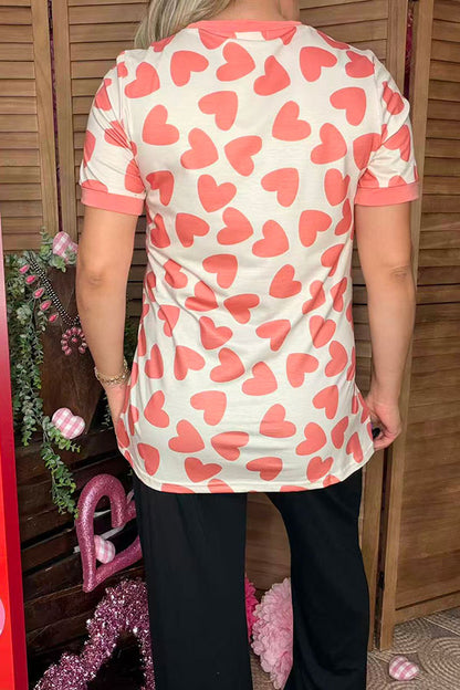 Valentine pink hearts printed short sleeve women top BQ12656
