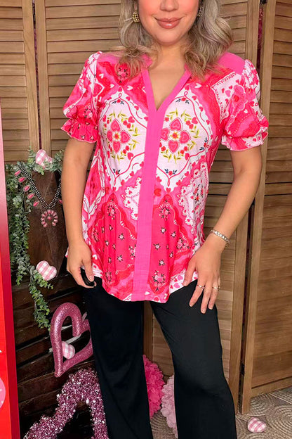 Pink flower prints puff short sleeve women top GJQ16377