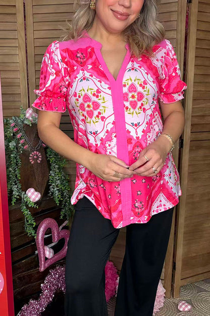 Pink flower prints puff short sleeve women top GJQ16377