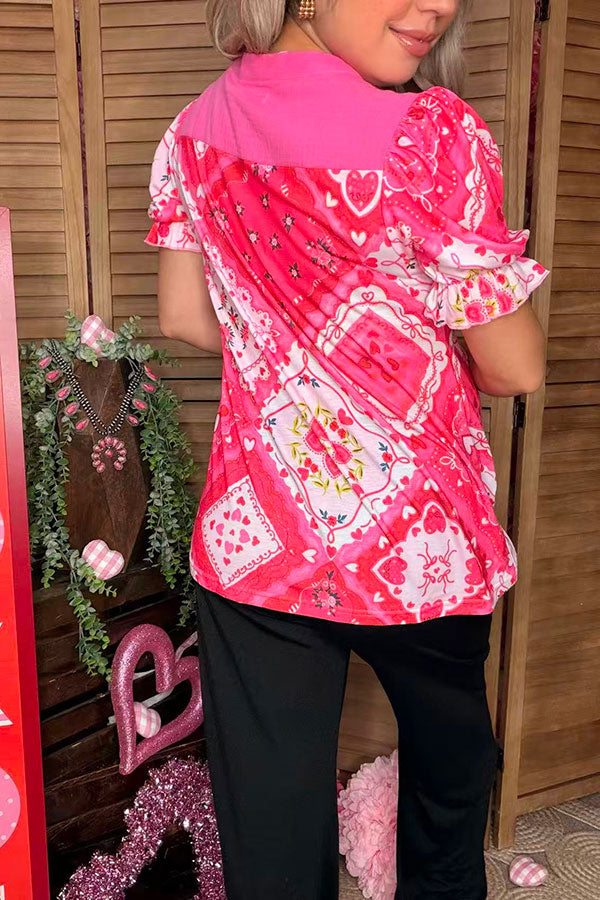 Pink flower prints puff short sleeve women top GJQ16377