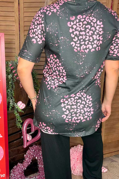 Valentine's Pink leopard & hearts printed short sleeve top DLH14596