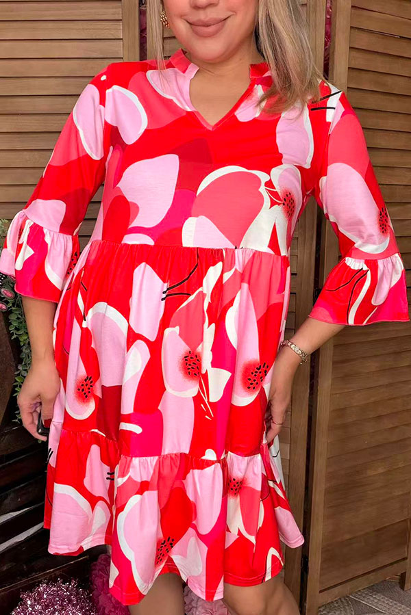 Pink graphic printed 3/4 sleeve w/ruffle women dress GJQ15824