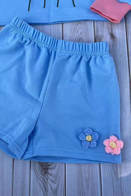 Flower embroidery blue short style pullover sweatshirt & short 2pc girls sets DLH2816