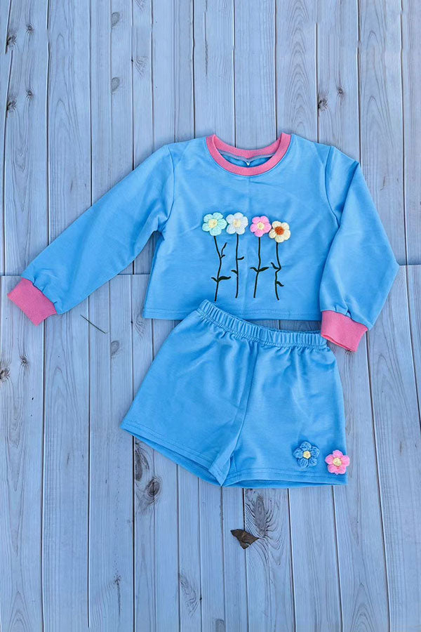 Flower embroidery blue short style pullover sweatshirt & short 2pc girls sets DLH2816