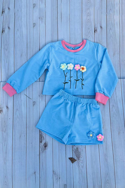 Flower embroidery blue short style pullover sweatshirt & short 2pc girls sets DLH2816