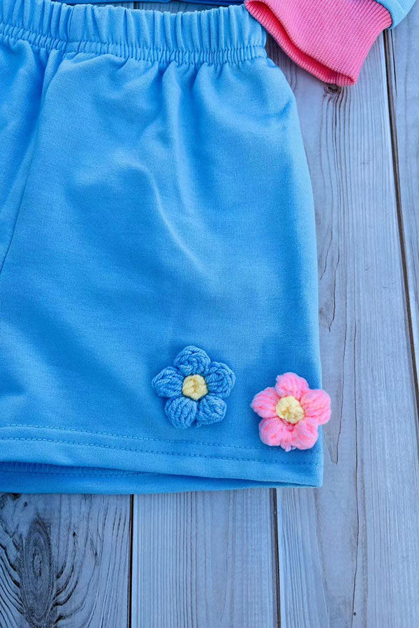 Flower embroidery blue short style pullover sweatshirt & short 2pc girls sets DLH2816