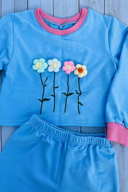 Flower embroidery blue short style pullover sweatshirt & short 2pc girls sets DLH2816
