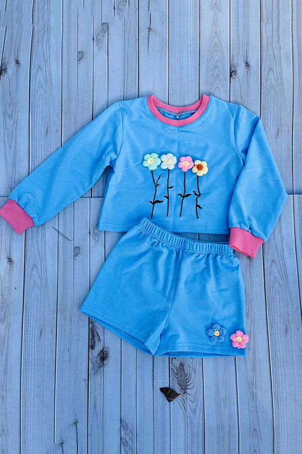 Flower embroidery blue short style pullover sweatshirt & short 2pc girls sets DLH2816