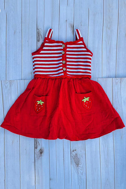 Knited red striped & red gauze strawberry pocket girls dress DLH2844