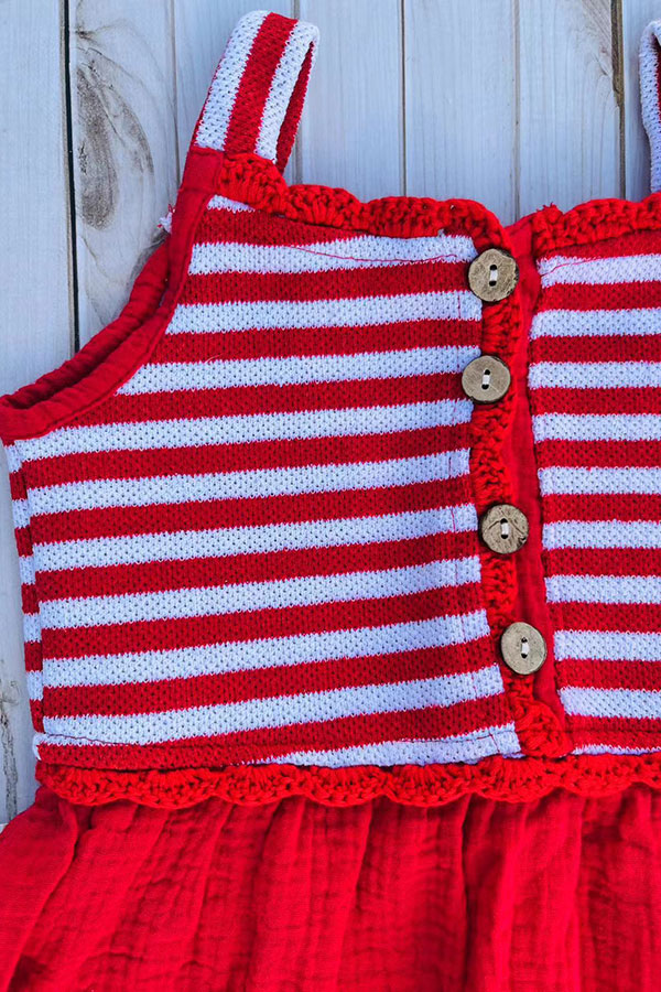 Knited red striped & red gauze strawberry pocket girls dress DLH2844