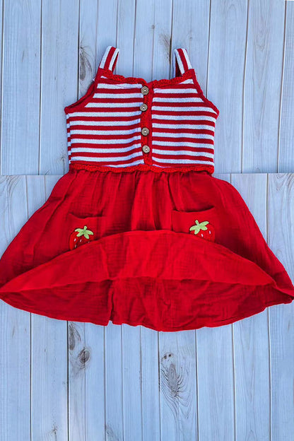 Knited red striped & red gauze strawberry pocket girls dress DLH2844