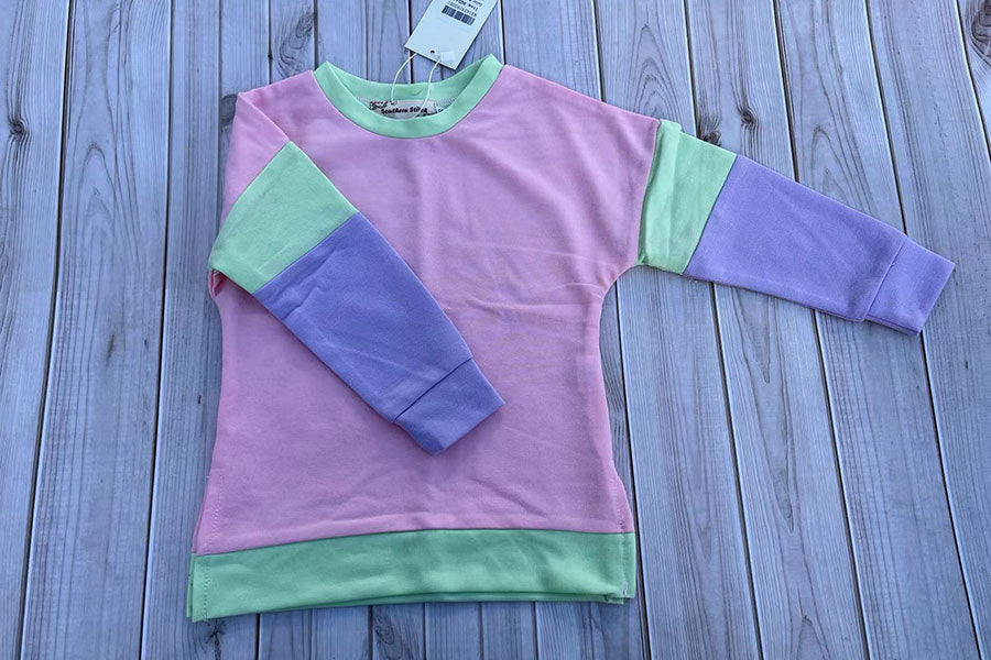 Pink & Lime green & lavender color block long sleeve girls sweatshirt BQ2419